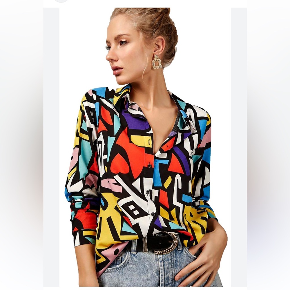 Big Dart Button Down Multicolor Geometric Shirt - image 1